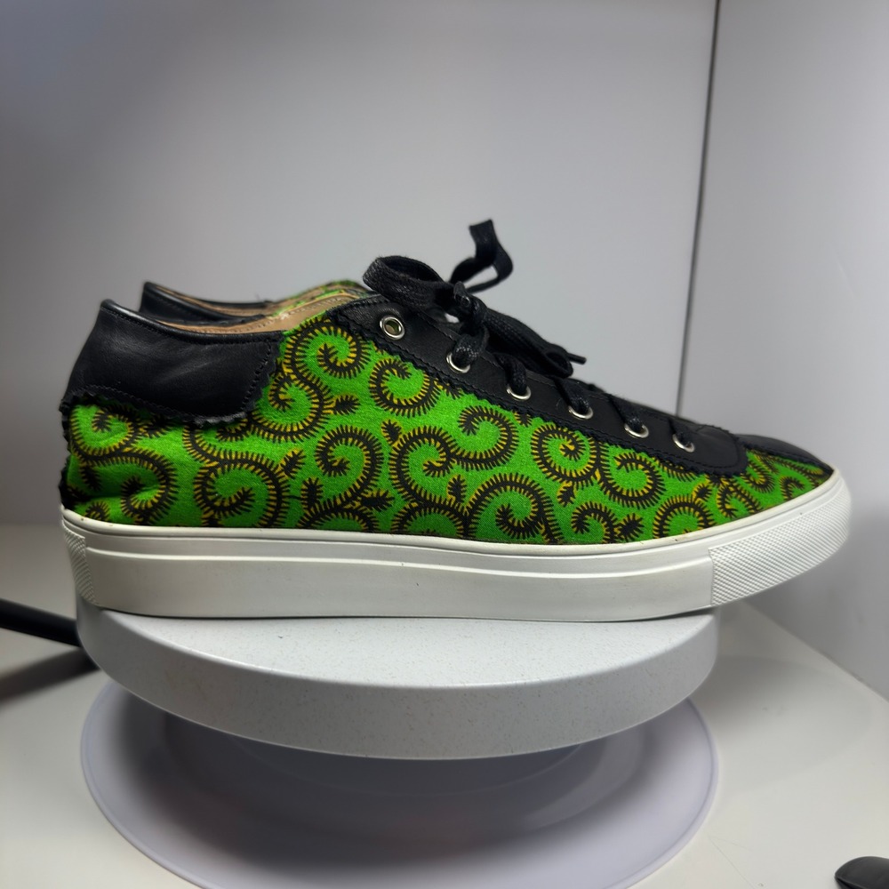 Kamod African Sneakers Low Top Green Swirl Print Black Leather Lace Up Mens 9.5 - Picture 6 of 14